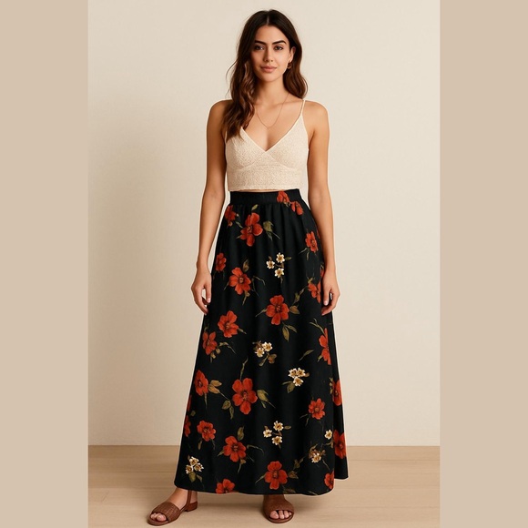Norton McNaughton Dresses & Skirts - Vintage Womens Black Floral Maxi Skirt Size XL Boho Cottagecore 90s Artsy